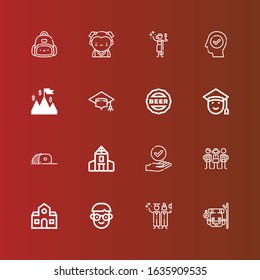 Editable 16 graduation icons for web and mobile. Set of graduation included icons line Backpack, Graduation, Student, School, Students, Success, Cap, Graduated, Mortarboard on red