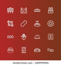 Editable 16 Grain Icons For Web And Mobile. Set Of Grain Included Icons Line Bread, Malt, Harvest, Corn, Bun, Seeds, Bagel, Peanut, Crop, Field, Wheat On Red