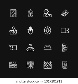 Editable 16 grain icons for web and mobile. Set of grain included icons line Coffee beans, Field, Wheat, Farm, Seed, Bun, Bread, Crop, Sourdough, Corn, Seeds on black background