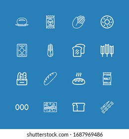 Editable 16 grain icons for web and mobile. Set of grain included icons line Spike, Bread, Farm, Seeds, Malt, Wheat, Corn, Field, Bagel, Seed, Bun on blue background