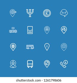 Editable 16 gray icons for web and mobile. Set of gray included icons line Phone call, Placeholder, Bus, Audio player, Problem, Pound, Psi on blue background