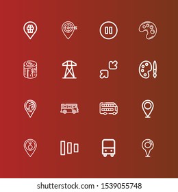 Editable 16 gray icons for web and mobile. Set of gray included icons line Placeholder, Bus, Fade buttons, Palette, Resize, Electric tower, Log, Pause on red