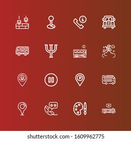 Editable 16 gray icons for web and mobile. Set of gray included icons line Bus, Palette, Phone call, Placeholder, Pause, Smoke bomb, Psi, Unprotected on red