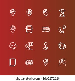 Editable 16 gray icons for web and mobile. Set of gray included icons line Smoke bomb, Placeholder, Bus, Appointment book, Palette, Phone call, Problem, Electric tower on red