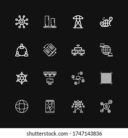 Editable 16 grid icons for web and mobile. Set of grid included icons line Network, Electric tower, Sketchbook, Earth grid, Graphene, Invert, Vertical align on black background