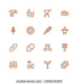 Editable 16 grill icons for web and mobile. Set of grill included icons line Grill, Sausage, Hot dog, Bbq, Waffle iron, Ribs, Skewer, Steak, Tandoor on white background