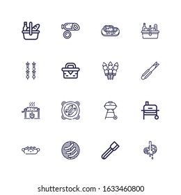 Editable 16 grill icons for web and mobile. Set of grill included icons line Butcher, Tongs, Barbecue, Hot dog, Grill, Barbecue Bbq, Roast, Skewer, Picnic on white background