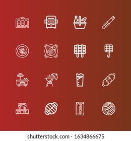 Editable 16 grill icons for web and mobile. Set of grill included icons line Barbecue, Sausage, Grill, Waffle iron, Kebab, Hot dog, Bbq, Oyster omelette, Tongs, Picnic on red
