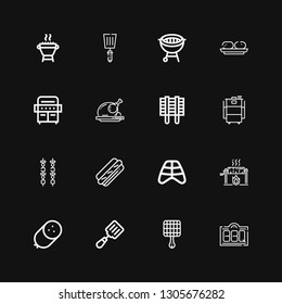 Editable 16 grilled icons for web and mobile. Set of grilled included icons line Bbq, Grill, Spatula, Sausage, Roast, Ribs, Hot dog, Brochette, Barbecue, Roast chicken on black background