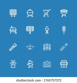 Editable 16 grilling icons for web and mobile. Set of grilling included icons line Grill, Bbq, Tongs, BBQ grill on blue background