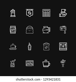 Editable 16 grinder icons for web and mobile. Set of grinder included icons line Barista, Coffee, Mixer, Coffee grinder, Coffee bag, maker, French press on black background