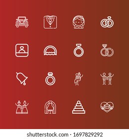 Editable 16 groom icons for web and mobile. Set of groom included icons line Honeymoon, Rings, Wedding arch, Wedding, Newlyweds, Ring, Wedding rings, Bride, Tuxedo, car on red