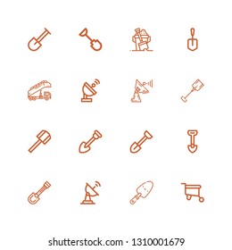 Editable 16 ground icons for web and mobile. Set of ground included icons line Wheelbarrow, Shovel, Satellite dish, Stair truck, Sand on white background