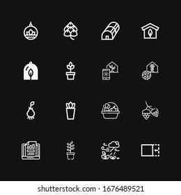 Editable 16 grow icons for web and mobile. Set of grow included icons line Crop, Growth, Plant, Hop, Harvest, Root, Greenhouse on black background