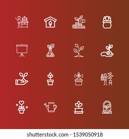 Editable 16 growing icons for web and mobile. Set of growing included icons line Plant, Watering can, Gardener, Gardening, Sprout, Projector screen, Growth, Greenhouse on red