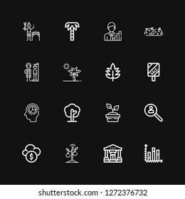 Editable 16 growth icons for web and mobile. Set of growth included icons line Chart, Bank, Sprout, Funds, Research, Plant, Tree, Statistics, Sale, Leaf, Botanical on black background
