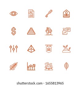 Editable 16 growth icons for web and mobile. Set of growth included icons line Leaf, Trees, Increase, Sprout, Bank, Pyramid, Levels, Statistics, Sand, Dollar on white background