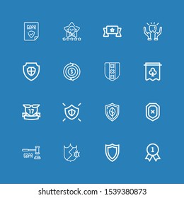 Editable 16 guarantee icons for web and mobile. Set of guarantee included icons line Quality, Shield, Protection, GDPR, Ribbons, Banner, Refund, Satisfaction on blue background