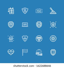 Editable 16 guarantee icons for web and mobile. Set of guarantee included icons line Shield, Protection, Germany, Quality, Seal, GDPR, Control, Iso, Oxigen on blue background