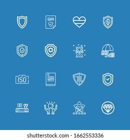 Editable 16 guarantee icons for web and mobile. Set of guarantee included icons line Quality, Satisfaction, Protection, Control, Shield, GDPR, Iso, Seal, Guarantee on blue background