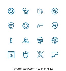 Editable 16 guard icons for web and mobile. Set of guard included icons line Security camera, Lance, Policeman, Firewall, Shield, Cctv, Bodyguard, Lifeguard on white background