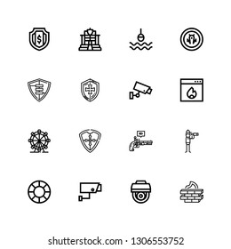 Editable 16 guard icons for web and mobile. Set of guard included icons line Firewall, Cctv, Security camera, Lifesaver, Vigilance, Pistol, Shield, London eye on white background
