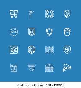 Editable 16 guard icons for web and mobile. Set of guard included icons line Cctv, Police station, Binoculars, Shield, Firewall, Hidden camera, Policeman, Security on blue background