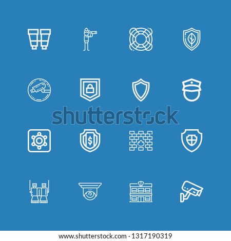 Editable 16 guard icons for web and mobile. Set of guard included icons line Cctv, Police station, Binoculars, Shield, Firewall, Hidden camera, Policeman, Security on blue background