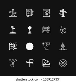 Editable 16 guide icons for web and mobile. Set of guide included icons line Color wheel, Swatches, Directions, Choice, Pedestrian, Escalator, Gauze, Yelp on black background