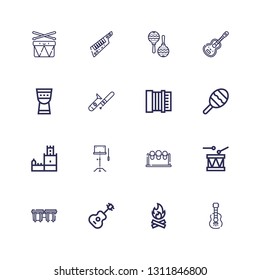 Editable 16 guitar icons for web and mobile. Set of guitar included icons line Acoustic guitar, Bonfire, Bongos, Drum, Drums, Orchestra,   tower on white background