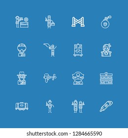 Editable 16 gun icons for web and mobile. Set of gun included icons line d printing pen, Detective, Tank, Police station, Pirate, Water gun, Cowboy, Painting on blue background