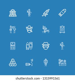 Editable 16 gun icons for web and mobile. Set of gun included icons line Water gun, Detective, Dynamite, Round shot, Cowboy, Bullet, Gameboy, Painting, Paintball on blue background
