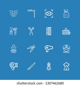 Editable 16 hair icons for web and mobile. Set of hair included icons line Bust, Mirror, Brush, Hairdryer, Beard, Hair dryer, Shears, Sauna, Comb, Scissors on blue background