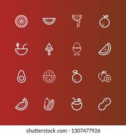 Editable 16 half icons for web and mobile. Set of half included icons line Peanut, Coconut, Watermelon, Peach, Orange, Avocado, Boiled egg on red
