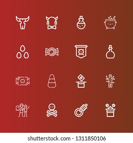 Editable 16 halloween icons for web and mobile. Set of halloween included icons line Magic, Gallows, Skull, Haunted house, Voodoo, Candy, Potion, Jolly roger, Candies, Cauldron on red