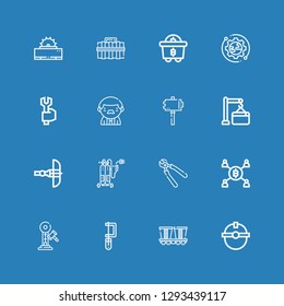 Editable 16 hammer icons for web and mobile. Set of hammer included icons line Worker, Mine, Saw, Hammer, Mining, Pliers, Welding, Crossbow, Maintenance, Spanner on blue background