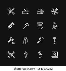 Editable 16 iconos de martillo para web y móvil. Conjunto de iconos de la línea de martillo que incluyen: Subasta, España, Trabajador, Minería, Martillo, Sickle, Juez, Subasta Soldadura en fondo negro
