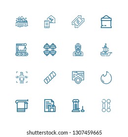 Editable 16 hand icons for web and mobile. Set of hand included icons line Dumbbell, Strength, Document, Towel, Tinder, Website, Marshmallow, Body, Ship, Engineer on white background