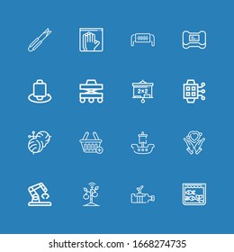 Editable 16 hand icons for web and mobile. Set of hand included icons line Aquarium, Plant, Sprout, Robot, Hands, Ship, Shopping basket, Knitting, Smartwatch on blue background