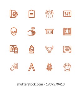 Editable 16 iconos de mano para web y móvil. Juego de manos incluye iconos línea Entrega hombre, Robot, Correa de poda, Insertar moneda, Jabón, Búfalo, Mano, Huella digital sobre fondo blanco