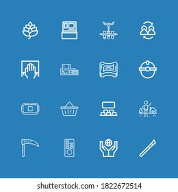 Editable 16 iconos de mano para web y móvil. Juego de manos incluido iconos línea de maquillaje, donación, control remoto, Scythe, refugio, proyección, canasta, parada, trabajador sobre fondo azul