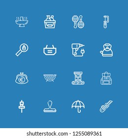Editable 16 handle icons for web and mobile. Set of handle included icons line Cutter, Umbrella, Stamp, Skewer, Backpack, Robot arm, Grate, Purse, Kettle, Drill on blue background