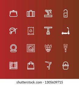 Editable 16 handle icons for web and mobile. Set of handle included icons line Pot, Scythe, Shopping bag, Robot arm, Spatula, Skewer, Stamp, Mirror, Kick scooter, Robotic arm on red