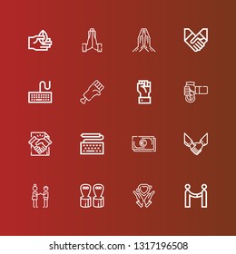 Editable 16 hands icons for web and mobile. Set of hands included icons line Agreement, Hands, Hand grip, Deal, Cash, Keyboard, Hand, Handshake, Praying on red