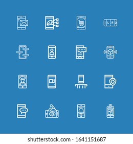 Editable 16 handset icons for web and mobile. Set of handset included icons line Smartphone, Phone on blue background