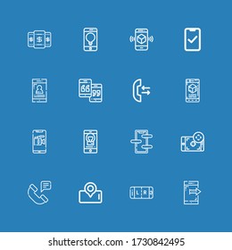Editable 16 iconos de teléfonos para web y móvil. Conjunto de auriculares incluidos línea de iconos Smartphone, teléfono, llamada en fondo azul