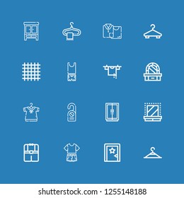 Editable 16 hanger icons for web and mobile. Set of hanger included icons line Clothing hanger, Dressing room, Clothes, Wardrobe, Door hanger, Clothing, Dressing table on blue background