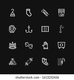 Editable 16 hanging icons for web and mobile. Set of hanging included icons line Hook, Socks, Tissues, Towels, Container, Gloves, Cradle, Towel, Glove on black background