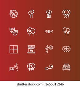 Bearbeitbar 16 Glückssymbole für Web und Mobile. GlückSet inklusive Ikonen Linie Hochzeitsauto, Partypfeifen, Ballons, Mutter, Ballon, Verbeugte, Expresso, Auf Rot köstlich