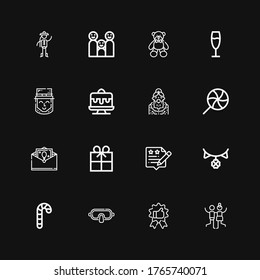 Editable 16 happy icons for web and mobile. Set of happy included icons line Joy, Recommendation, Mask, Candy cane, Garland, Rating, Gift, Greeting card, Lollipop on black background
